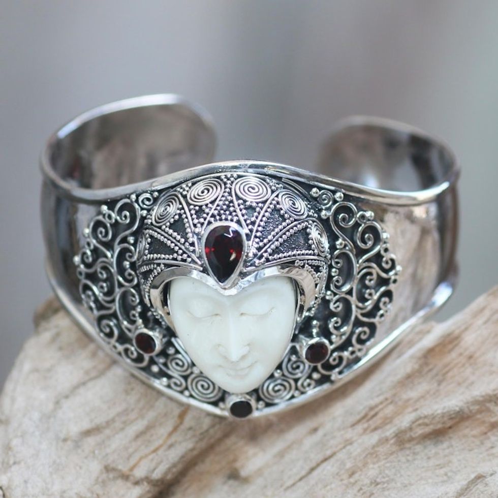 Artisan Crafted Carved Bone and Silver Cuff with Garnets 'Jungle Princess'