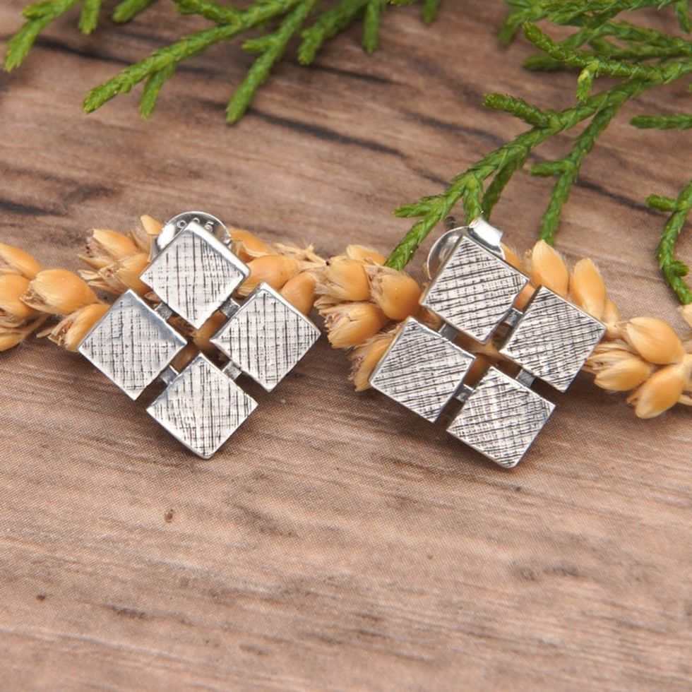 Sterling Silver Rhombus Button Earrings with Textured Finish 'Rhombus Splendor'