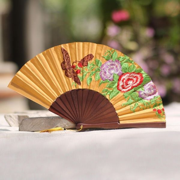 Alternate image for Butterfly-Themed Embroidered Silk Hand Fan from Bali Perching Butterfly