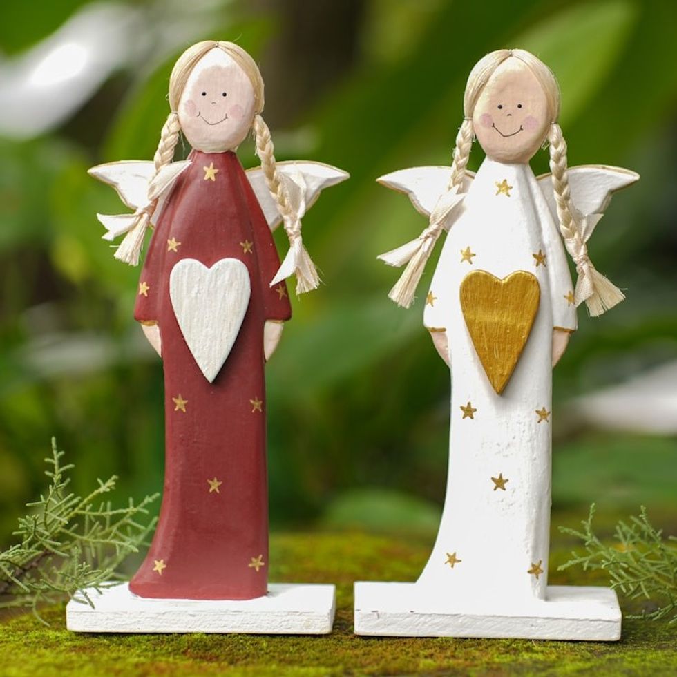 Albesia Wood Holiday Angel Decor Pair 'Red Messenger'
