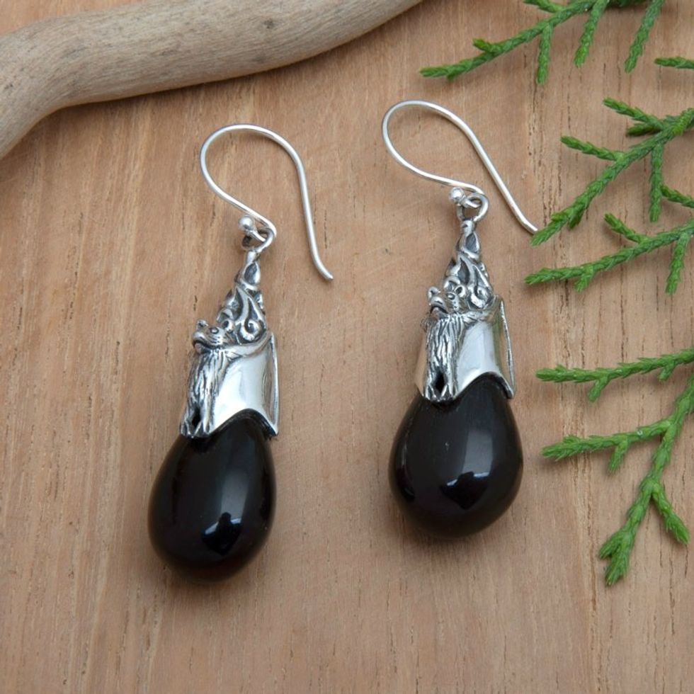 Bat-Themed Sterling Silver Dangle Earrings from Bali 'Nocturnal Treasure'