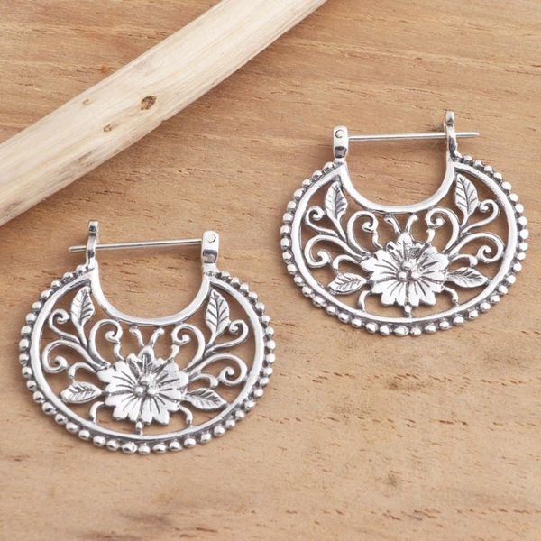 Alternate image for Balinese Sterling Silver Hoop Earrings Floral Curves