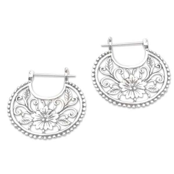 Alternate image for Balinese Sterling Silver Hoop Earrings Floral Curves
