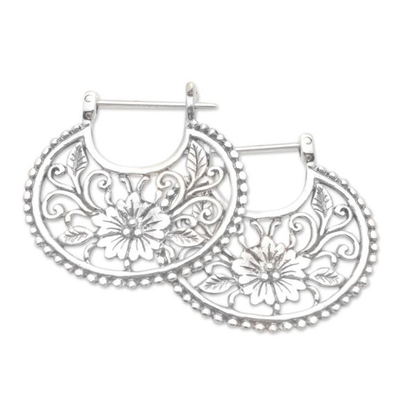 Alternate image for Balinese Sterling Silver Hoop Earrings Floral Curves