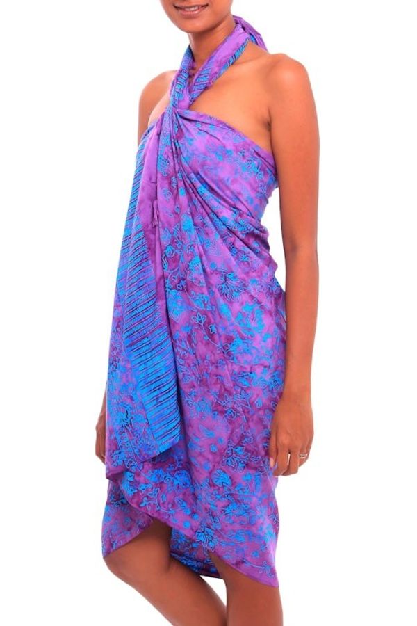 Alternate image for Floral Batik Rayon Sarong in Wisteria from Bali Mystifying Forest