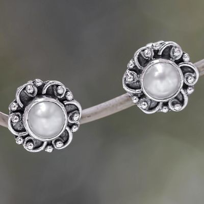Alternate image for Sterling Silver and Pearl Flower Stud Earrings Moonlit Blossoms