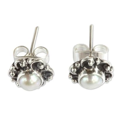 Alternate image for Sterling Silver and Pearl Flower Stud Earrings Moonlit Blossoms