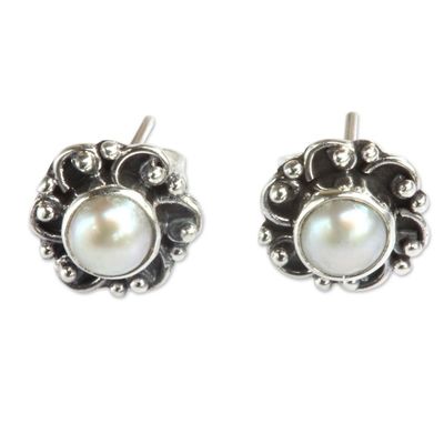 Alternate image for Sterling Silver and Pearl Flower Stud Earrings Moonlit Blossoms