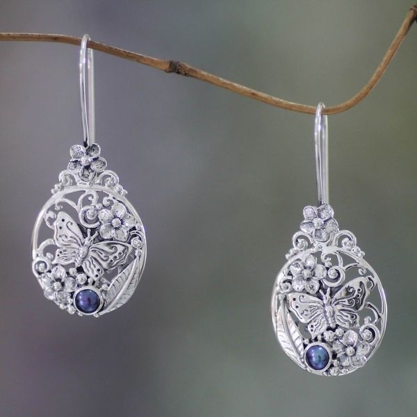 Alternate image for Unique Sterling Silver and Pearl Drop Earrings Frangipani Butterfly