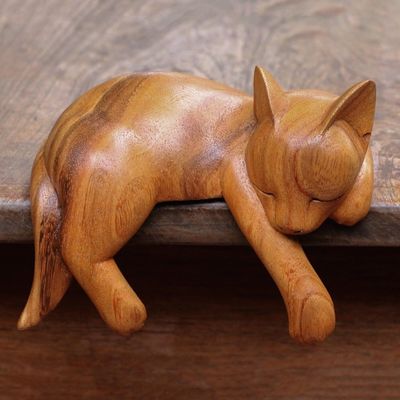 Alternate image for Natural Finish Suar Wood Sleeping Cat Sculpture from Bali Snoozing Cat