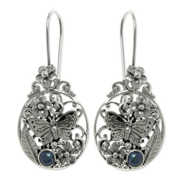 Alternate image for Unique Sterling Silver and Pearl Drop Earrings Frangipani Butterfly