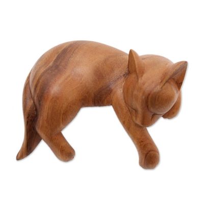 Alternate image for Natural Finish Suar Wood Sleeping Cat Sculpture from Bali Snoozing Cat