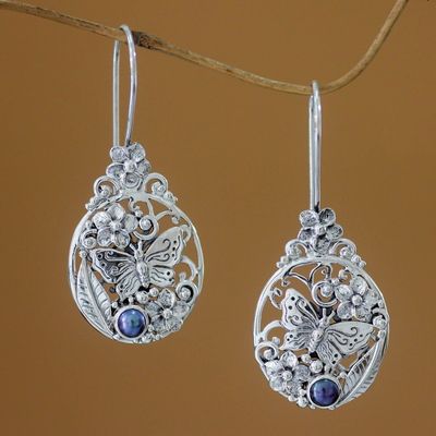 Alternate image for Unique Sterling Silver and Pearl Drop Earrings Frangipani Butterfly
