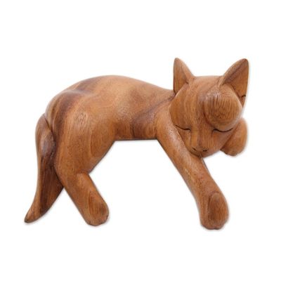 Alternate image for Natural Finish Suar Wood Sleeping Cat Sculpture from Bali Snoozing Cat