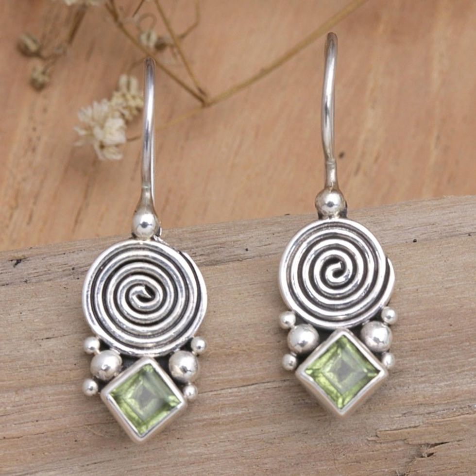 Sterling Silver Drop Earrings with Natural Peridot Stones 'Fortune Spiral'