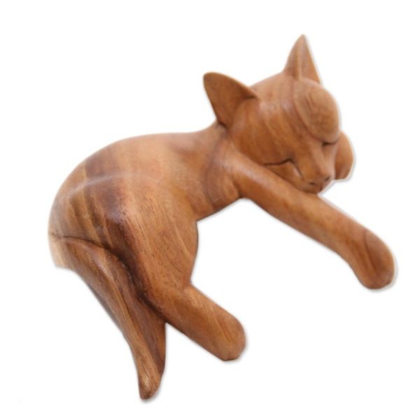 Alternate image for Natural Finish Suar Wood Sleeping Cat Sculpture from Bali Snoozing Cat