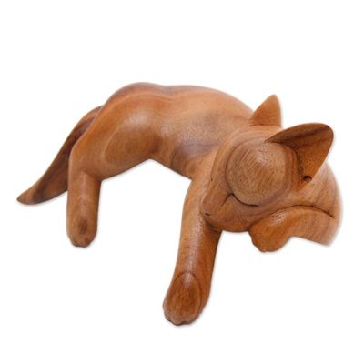 Alternate image for Natural Finish Suar Wood Sleeping Cat Sculpture from Bali Snoozing Cat
