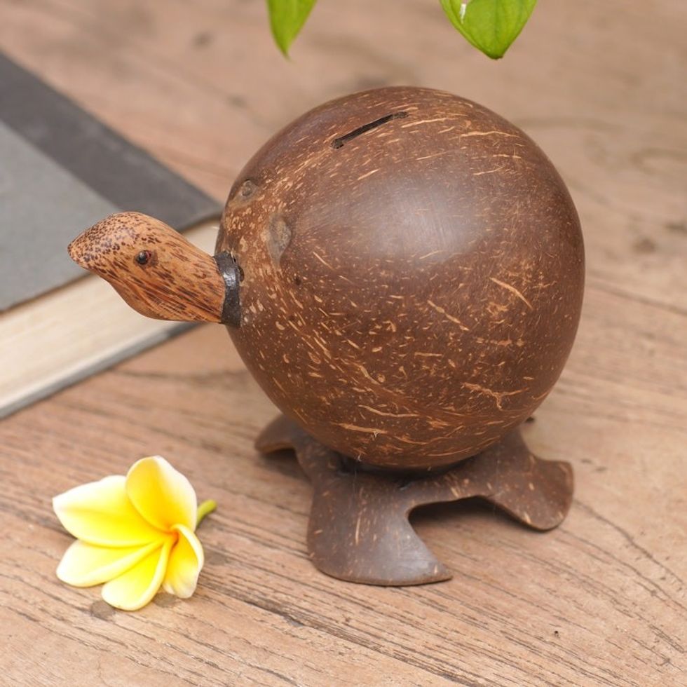 Handcrafted Brown Coconut Shell Turtle Coin Bank from Bali 'Prosperous Turtle'