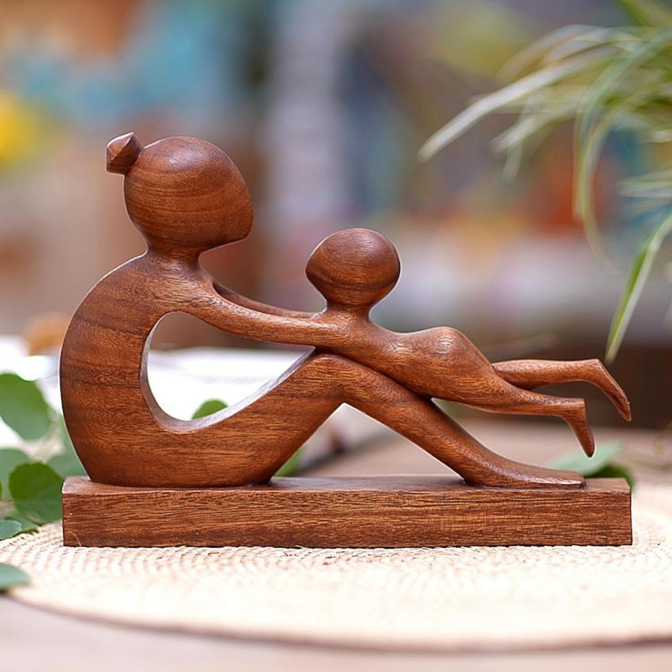 Hand-Carved Suar Wood Mother and Child Sculpture from Bali 'Playful Mother'