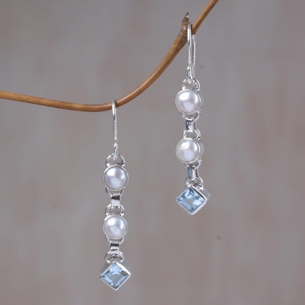 Cultured pearl and blue topaz dangle earrings 'Silver Trail'