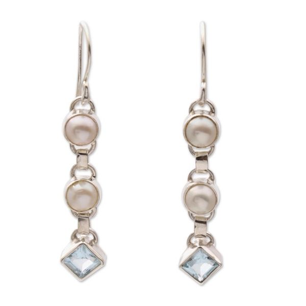 Alternate image for Cultured pearl and blue topaz dangle earrings Silver Trail