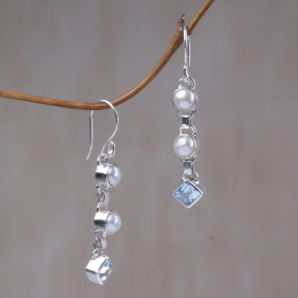 Alternate image for Cultured pearl and blue topaz dangle earrings Silver Trail