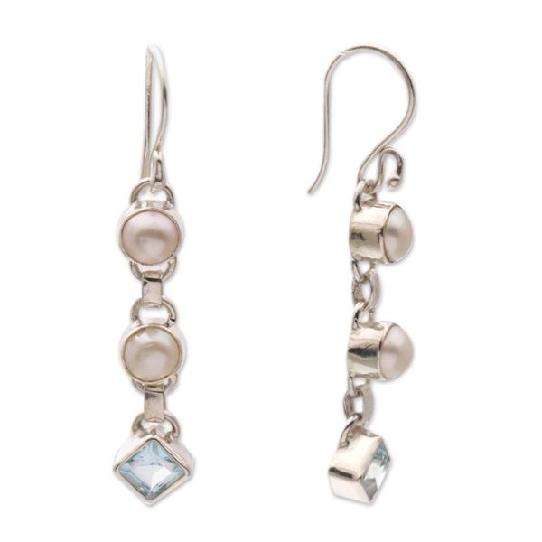 Alternate image for Cultured pearl and blue topaz dangle earrings Silver Trail