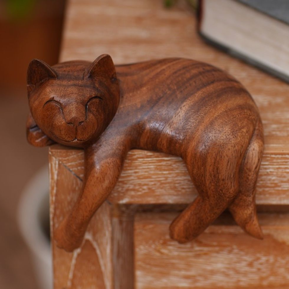 Signed Balinese Tabby Cat Sculpture 'Smiling Cat Relaxes'