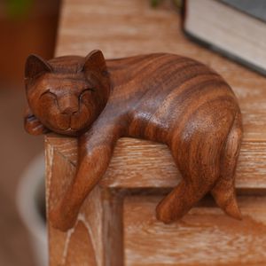 Image for Signed Balinese Tabby Cat Sculpture 'Smiling Cat Relaxes'