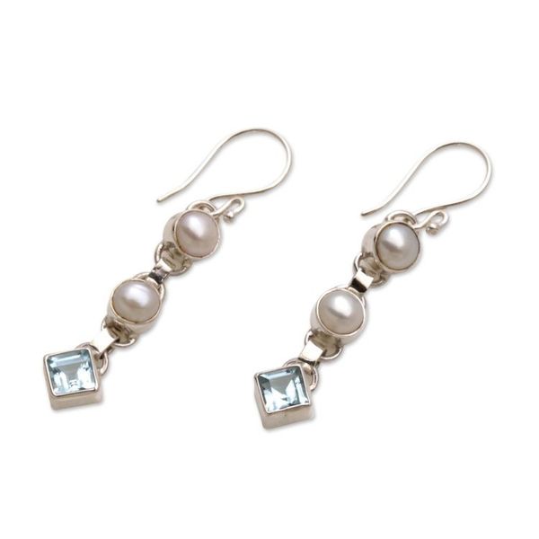 Alternate image for Cultured pearl and blue topaz dangle earrings Silver Trail