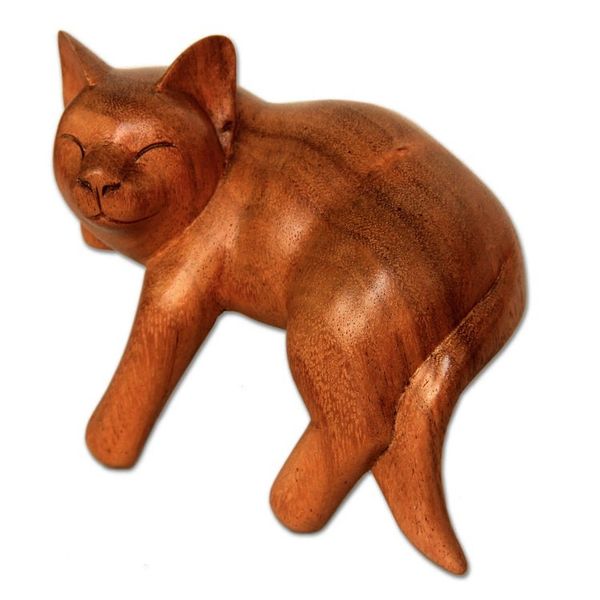 Alternate image for Signed Balinese Tabby Cat Sculpture Smiling Cat Relaxes