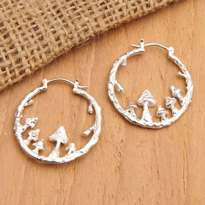Alternate image for Nature-Themed Round Sterling Silver Hoop Earrings Mushroom World
