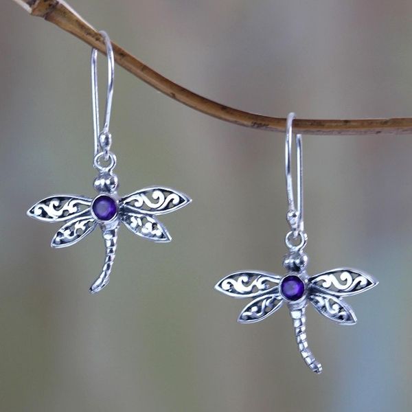 Alternate image for Amethyst and Silver Earrings Enchanted Dragonfly