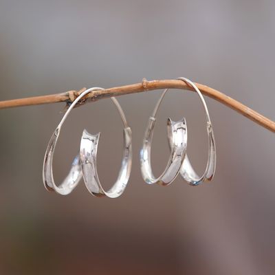 Alternate image for Modern Sterling Silver Hoop Earrings Crafted in Bali Elegantly Tangled