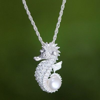 Alternate image for Sterling Silver and Pearl Pendant Necklace Sea Horse Treasure