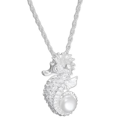 Alternate image for Sterling Silver and Pearl Pendant Necklace Sea Horse Treasure