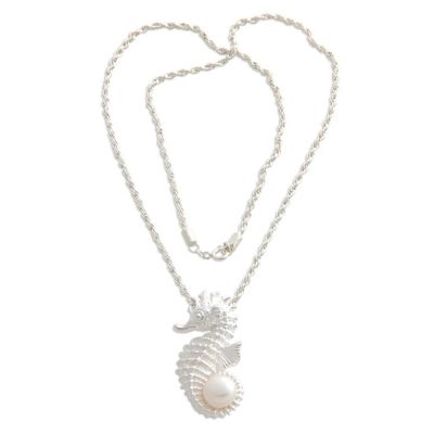 Alternate image for Sterling Silver and Pearl Pendant Necklace Sea Horse Treasure