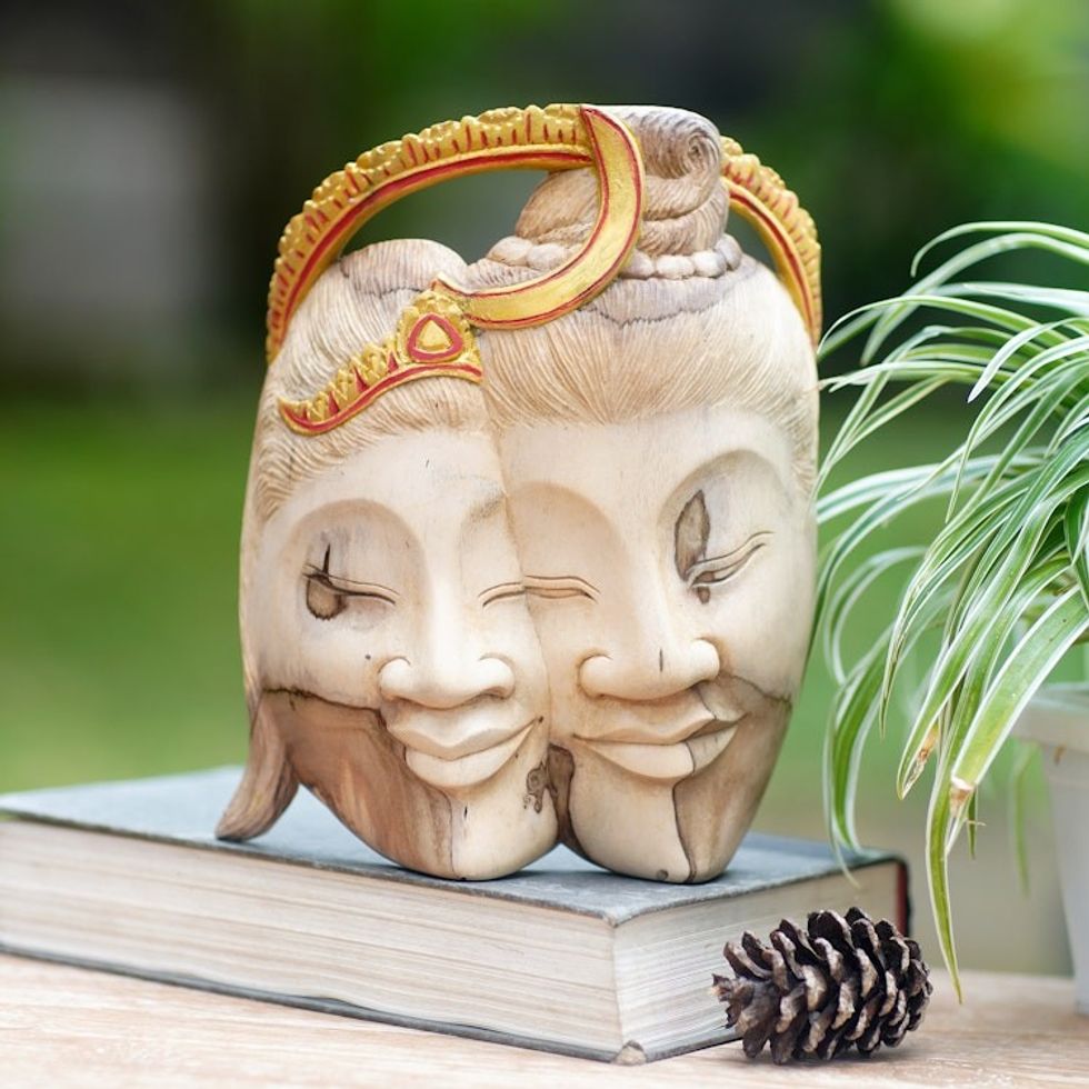 Handcrafted Shiva and Parvati Hibiscus Wood Mask from Bali 'Divine Romance'