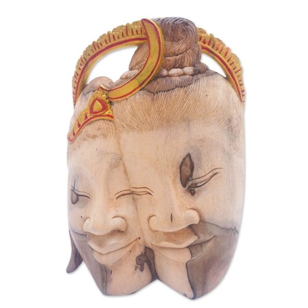 Alternate image for Handcrafted Shiva and Parvati Hibiscus Wood Mask from Bali Divine Romance