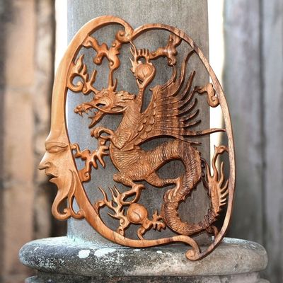 Alternate image for Antaboga Dragon Hand Carved Wood Relief Wall Panel from Bali Antaboga Dragon