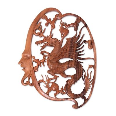 Alternate image for Antaboga Dragon Hand Carved Wood Relief Wall Panel from Bali Antaboga Dragon