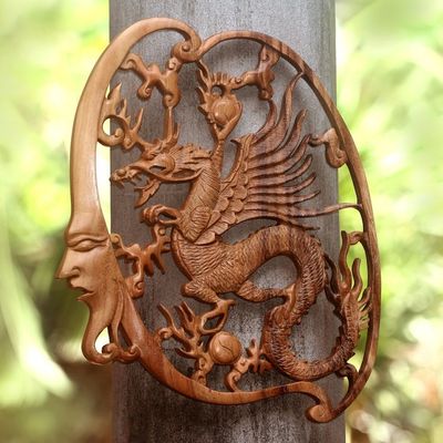 Alternate image for Antaboga Dragon Hand Carved Wood Relief Wall Panel from Bali Antaboga Dragon
