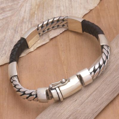 Alternate image for Sterling Silver and Leather Wristband Bracelet from Bali Futuristic Leader