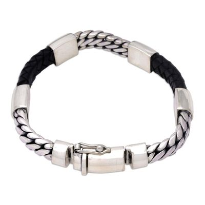 Alternate image for Sterling Silver and Leather Wristband Bracelet from Bali Futuristic Leader