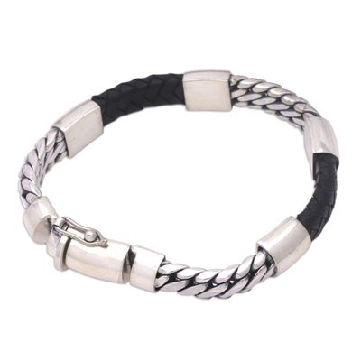Alternate image for Sterling Silver and Leather Wristband Bracelet from Bali Futuristic Leader