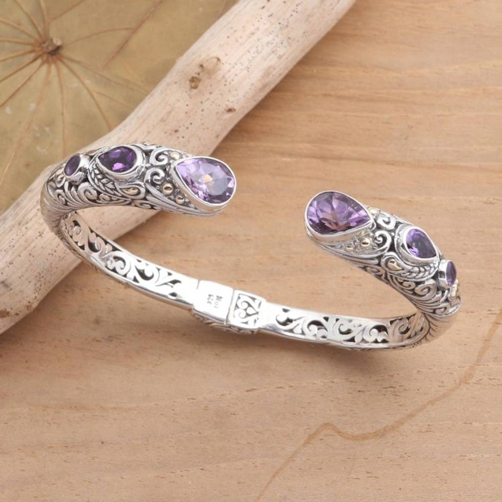 Sterling Silver and Amethyst Cuff Bracelet from Bali 'Fierce Warrior in Purple'