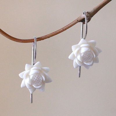 Alternate image for Floral Bone Drop Earrings Crafted in Bali Floating Padma