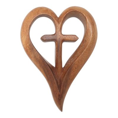 Alternate image for Hand Carved Suar Wood Relief Panel Heart Cross Cross My Heart