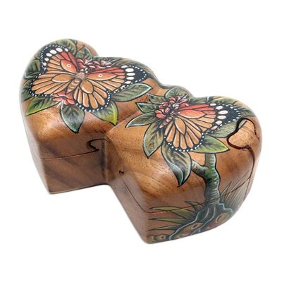 Alternate image for Hand-Painted Double Heart Wood Butterfly Puzzle Box Twin Butterfly Hearts