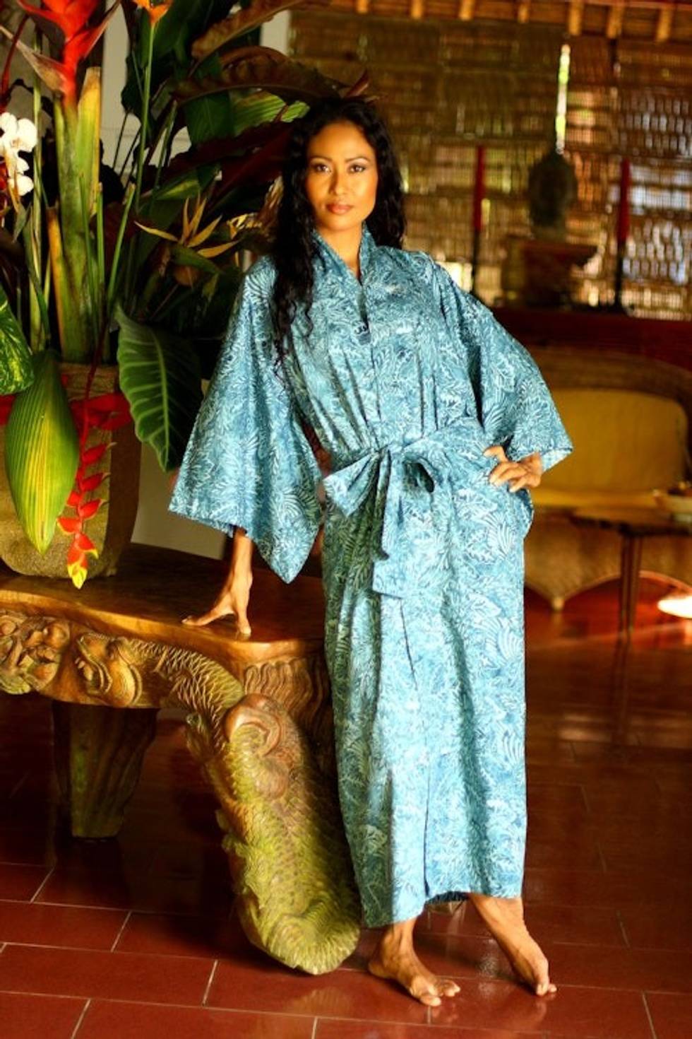 Artisan Crafted Long Batik Cotton Robe for Women 'Blue Forest'